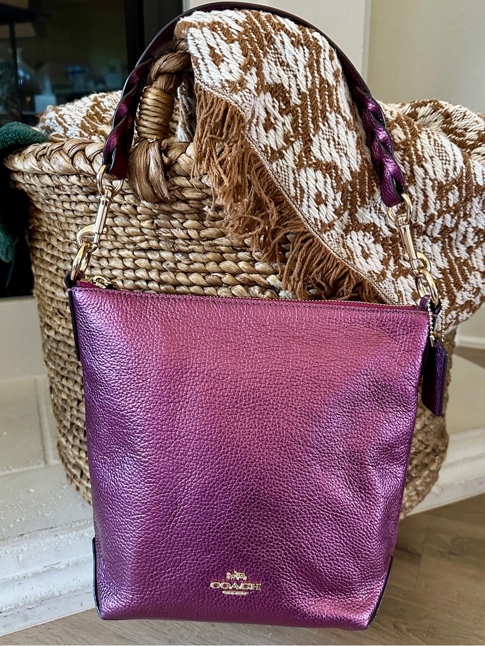 Coach Mini Abby Duffle Metallic Berry Leather Shoulder Bag with Gold Hardware